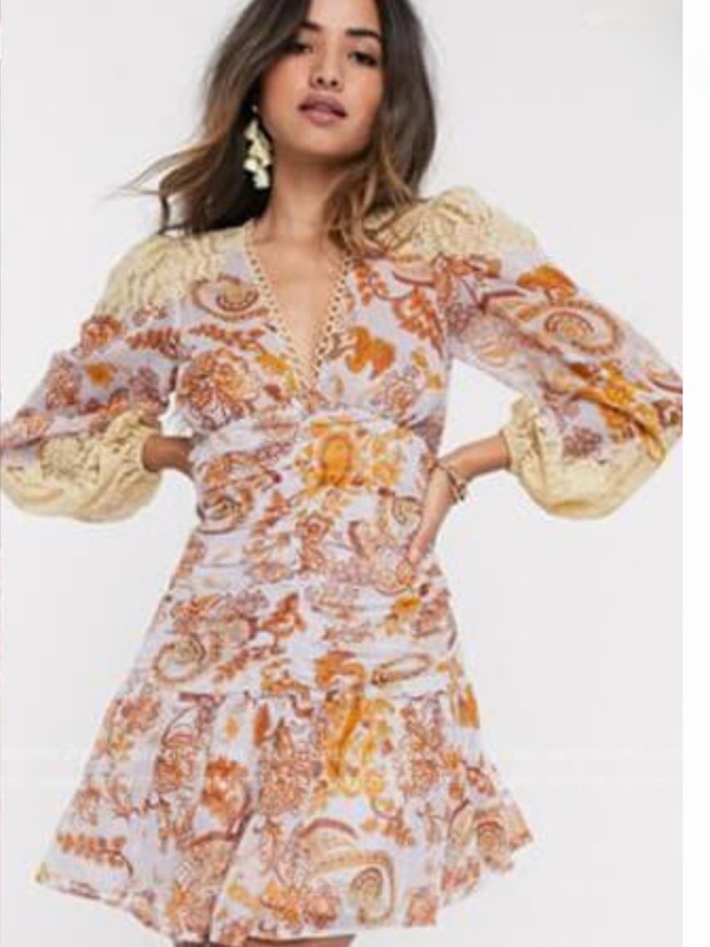 ASOS Floral Paisley V-Neck Puff Sleeve Mini Dress - Cream & Gold